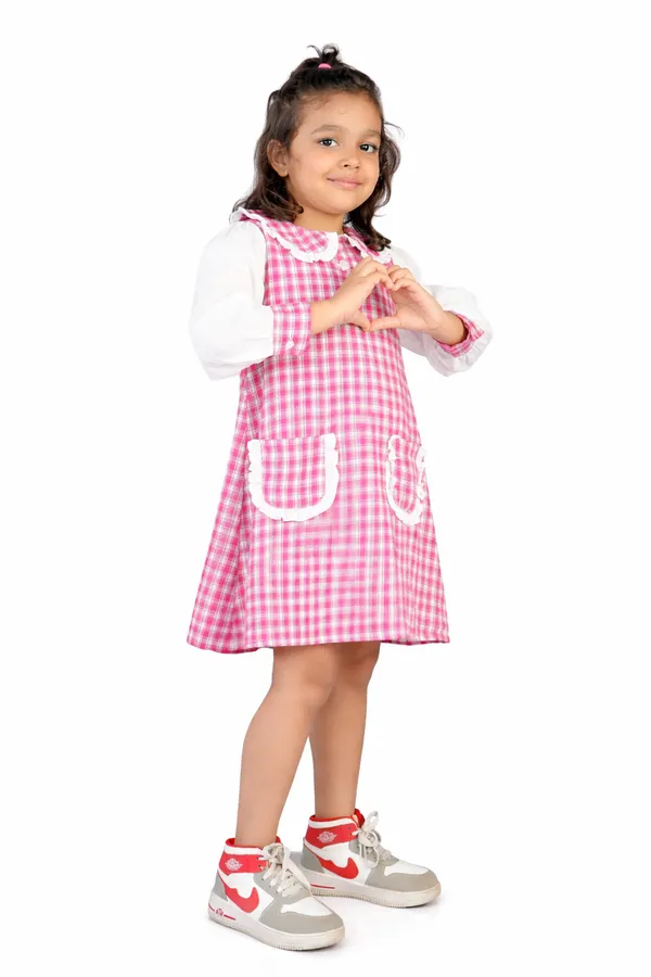 Maroon_&_White_Cotton_Check_Dress_With_Front_Pockets_For_Girls