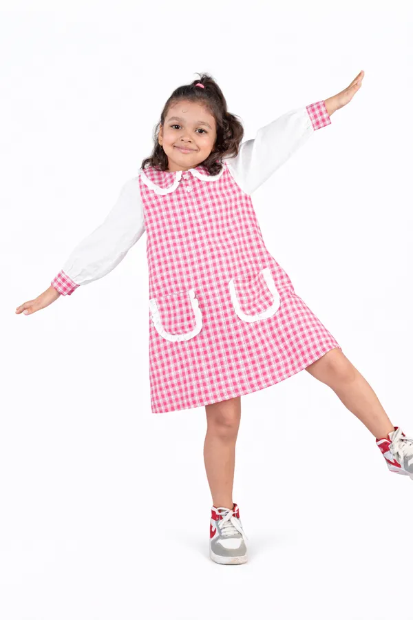 Maroon_&_White_Cotton_Check_Dress_With_Front_Pockets_For_Girls