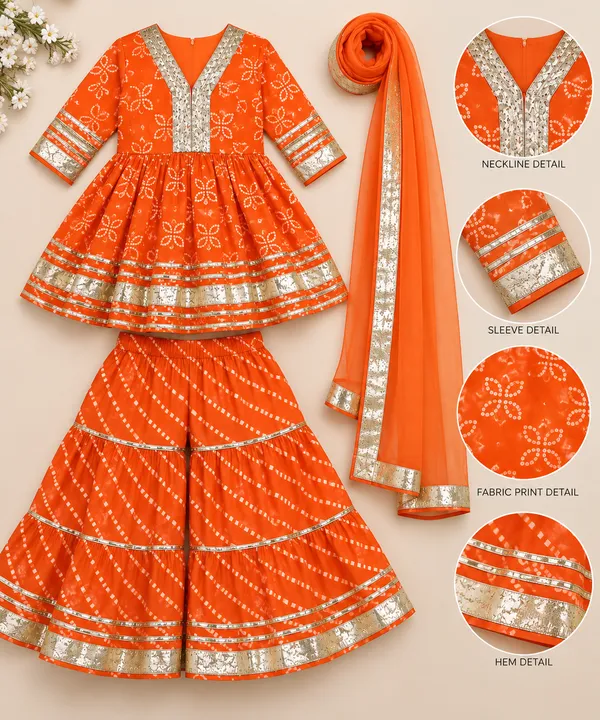 Girls’_Orange_Bandhani_Print_Kurta_Sharara_Set_with_Dupatta_&_Gota_Patti_Work