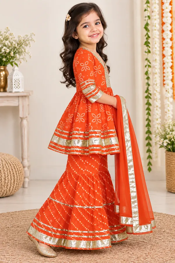 Girls’_Orange_Bandhani_Print_Kurta_Sharara_Set_with_Dupatta_&_Gota_Patti_Work