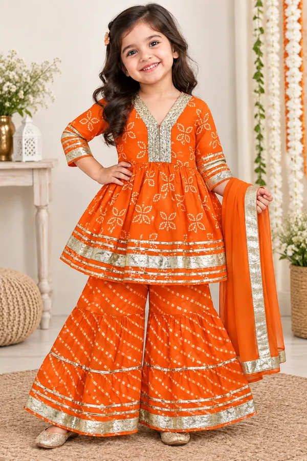 Girls’_Orange_Bandhani_Print_Kurta_Sharara_Set_with_Dupatta_&_Gota_Patti_Work
