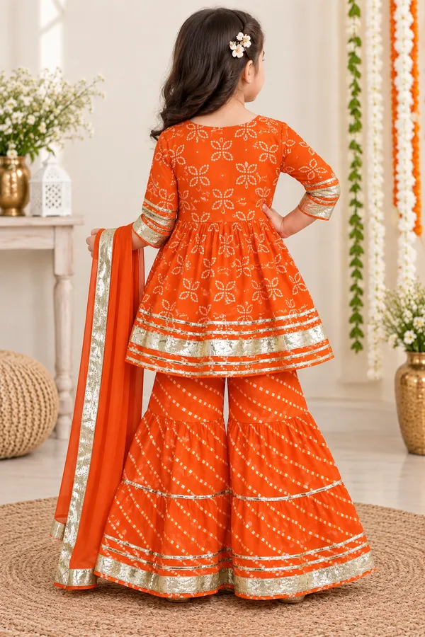 Girls’_Orange_Bandhani_Print_Kurta_Sharara_Set_with_Dupatta_&_Gota_Patti_Work