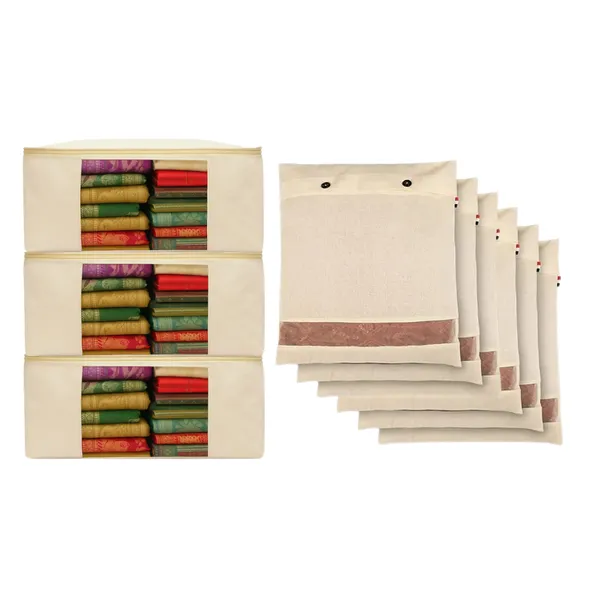 Pack_Of_3_Off-White_Cotton_Canvas_Storage_Bags_(17_X_14_X_7_Inches)_+_Set_Of_6_Cotton_Saree_Covers_With_Button