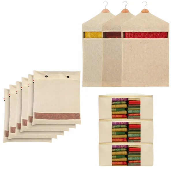 Pack_Of_3_Off-White_Cotton_Canvas_Storage_Bags_(17_X_14_X_7_Inches)_+_Set_Of_6_Cotton_Saree_Covers_With_Button_+_Set_Of_3_Hanging_Cotton_Saree_Covers_(28_X_18_Inches)