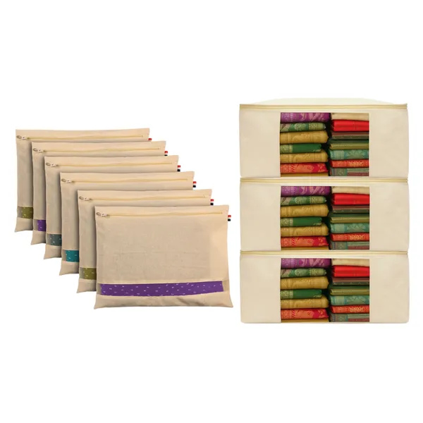Pack_Of_3_Off-White_Cotton_Canvas_Storage_Bags_(17_X_14_X_7_Inches)_+_Set_Of_6_Cotton_Saree_Covers_With_Zipper