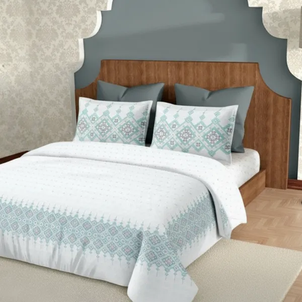 Mist_Blue_Pure_Cotton_Heritage_Grid_Printed_Bedsheet