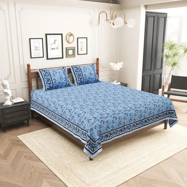 Elite_Wildflower_Design_Blue_Cotton_Printed_King_Size__Bedsheet