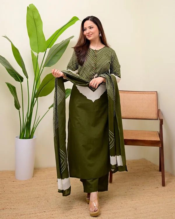 Elegant_Olive_Green_Printed_Kurta_Set_with_Dupatta__Description: