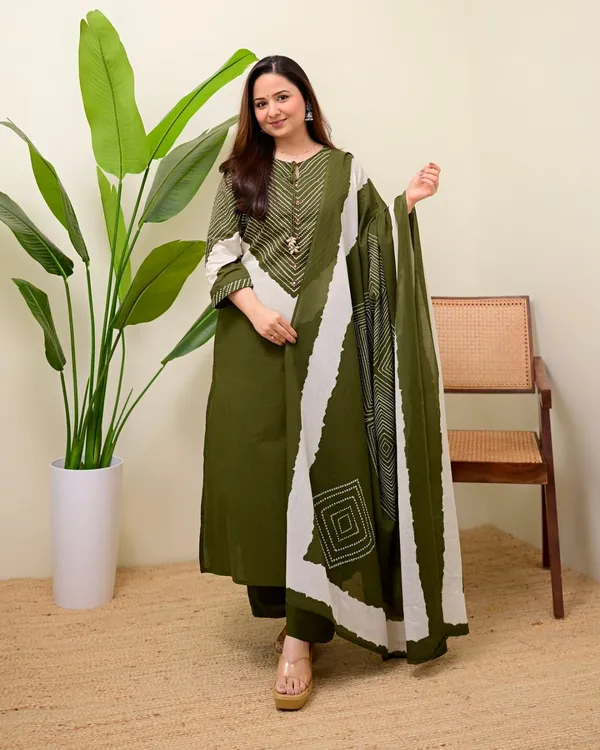 Elegant_Olive_Green_Printed_Kurta_Set_with_Dupatta__Description: