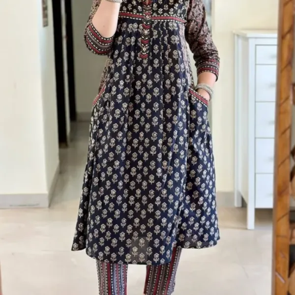 Navy_Blue_Traditional_Block_Print_A-Line_Kurta_Set_with_Pockets