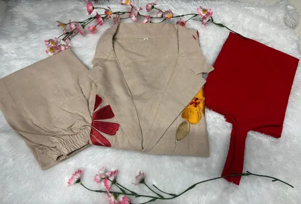 Pure_Cotton_Jute_Appliqué_Work_Blazer_Style_Co-ord_Set_in_Beige