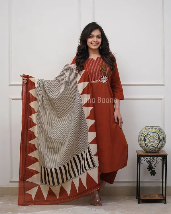 Rust_Orange_Embroidered_Straight_Kurta_Set_with_Printed_Dupatta