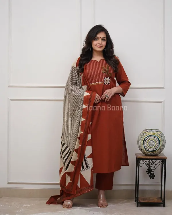 Rust_Orange_Embroidered_Straight_Kurta_Set_with_Printed_Dupatta