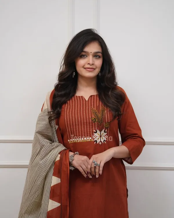 Rust_Orange_Embroidered_Straight_Kurta_Set_with_Printed_Dupatta