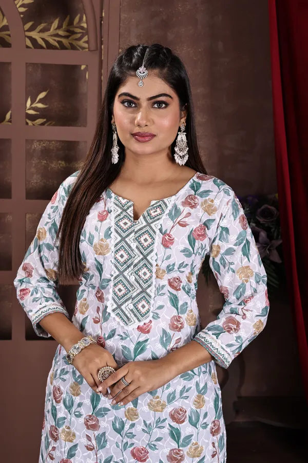 Green_&_White_Premium_Cotton_Blend_Embroidered_&_Graphic_Print_Kurta,_Trouser_&_Dupatta_Set_For_Women