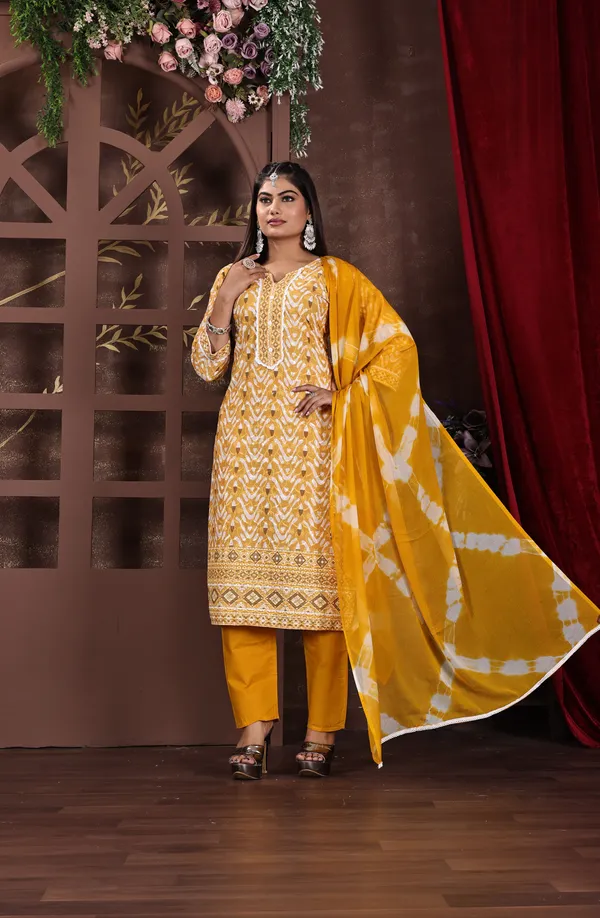 Yellow_Premium_Cotton_Blend_Embroidered_&_Graphic_Print_Kurta,_Trouser_&_Dupatta_Set_For_Women