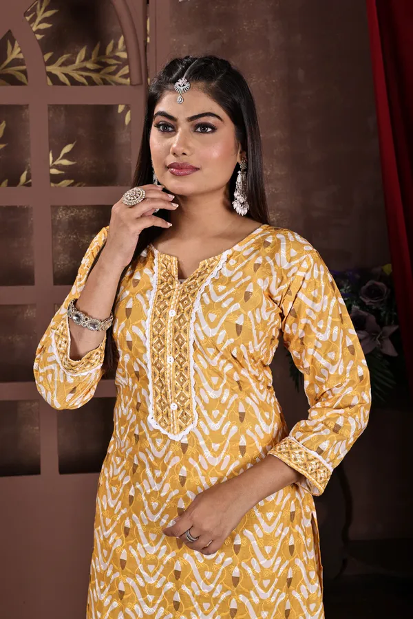 Yellow_Premium_Cotton_Blend_Embroidered_&_Graphic_Print_Kurta,_Trouser_&_Dupatta_Set_For_Women
