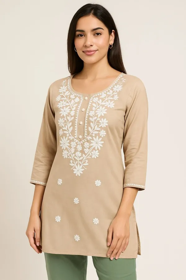 Beige_Premium_Viscose_Rayon_Embroidered_Kurta_For_Women