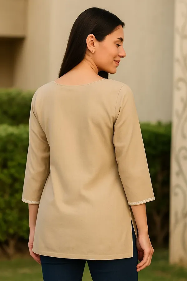 Beige_Premium_Viscose_Rayon_Embroidered_Kurta_For_Women