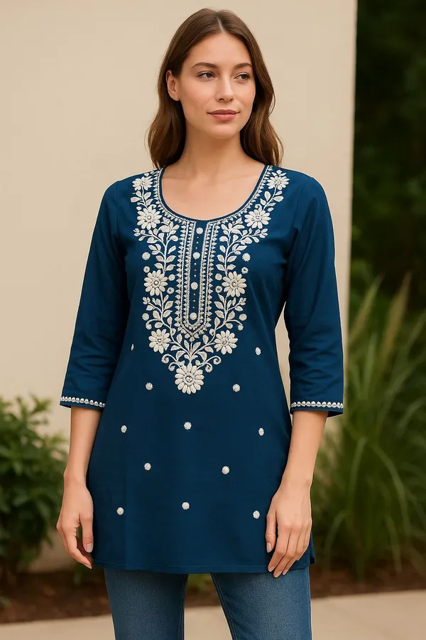 Blue_Premium_Viscose_Rayon_Embroidered_Kurta_For_Women