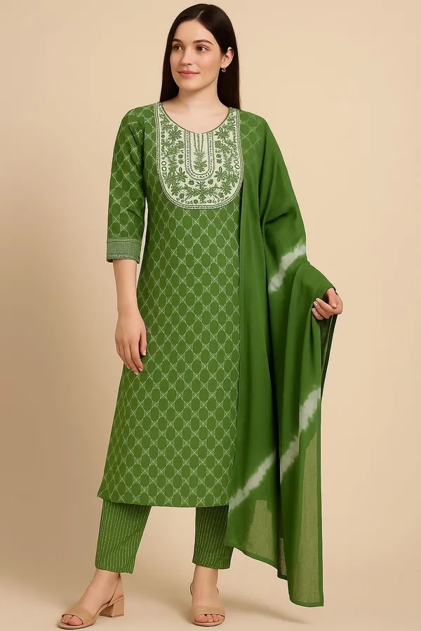 Green_Premium_Cotton_Printed_Kurta,_Trouser_&_Dupatta_Set_For_Women