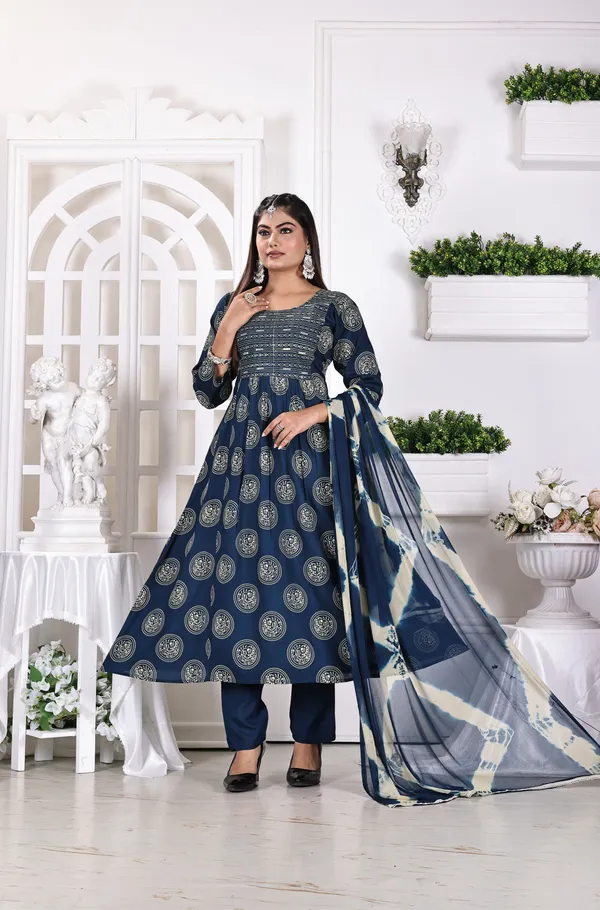 Navy_Blue_Premium_Viscose_Rayon_Printed_Kurta,_Trouser_&_Dupatta_Set_For_Women