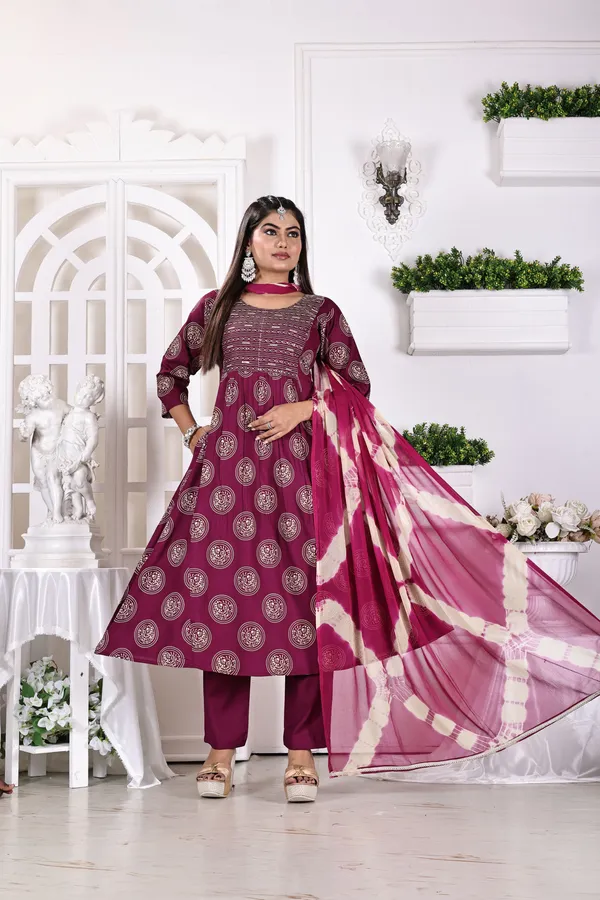 Purple_Premium_Viscose_Rayon_Printed_Kurta,_Trouser_&_Dupatta_Set_For_Women