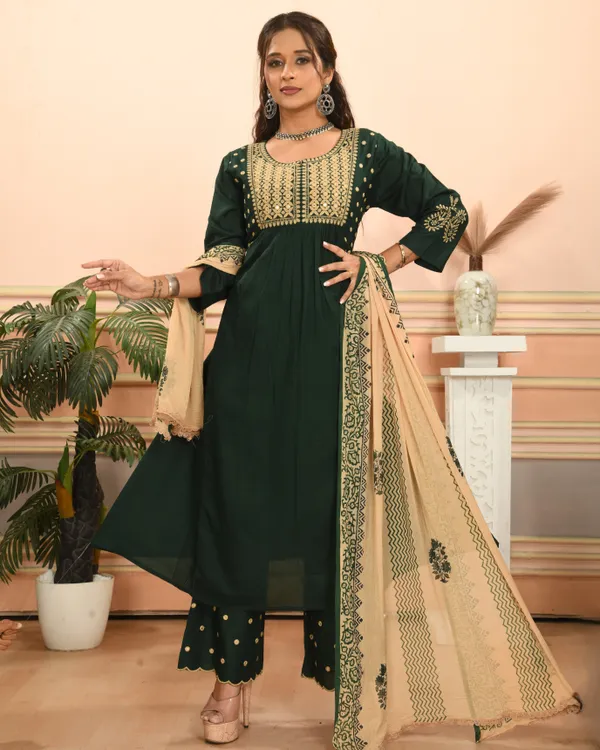 Dark_Green_Premium_Viscose_Rayon_Embroidered_Kurta,_Palazzo_&_Dupatta_Set_For_Women