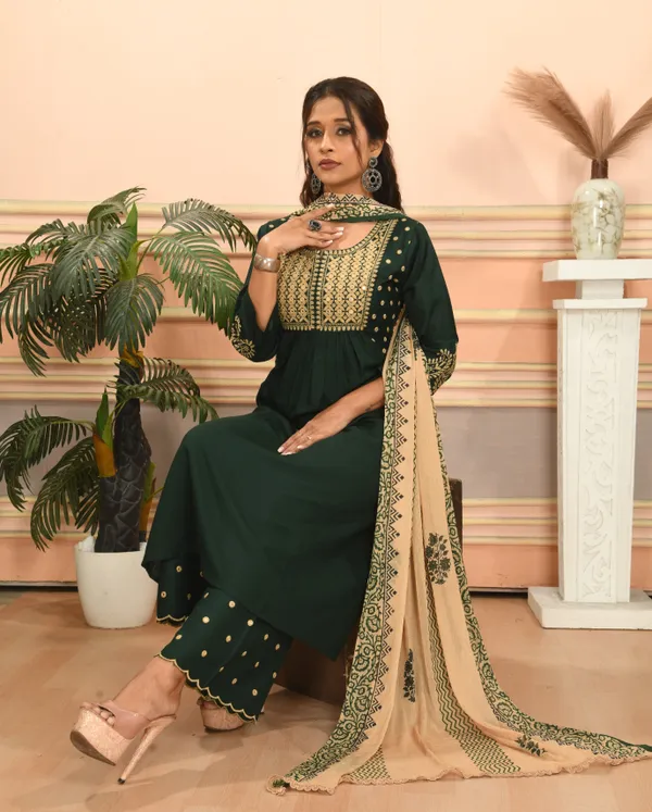 Dark_Green_Premium_Viscose_Rayon_Embroidered_Kurta,_Palazzo_&_Dupatta_Set_For_Women