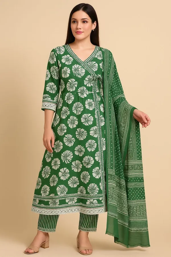 Green_Premium_Rayon_Slub_Floral_Print_Kurta,_Trouser_&_Dupatta_Set_For_Women