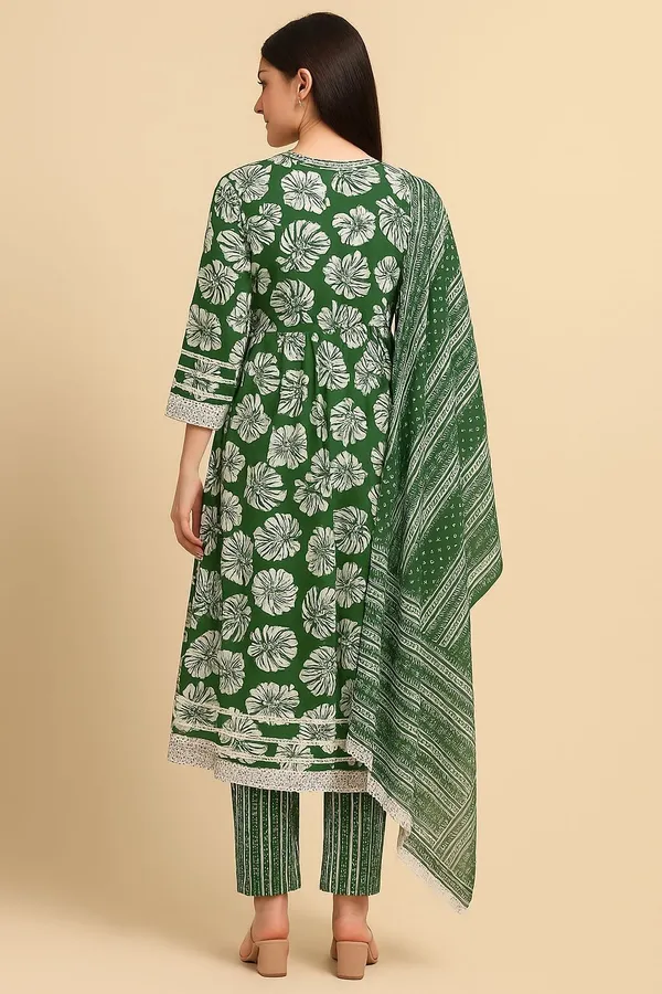 Green_Premium_Rayon_Slub_Floral_Print_Kurta,_Trouser_&_Dupatta_Set_For_Women