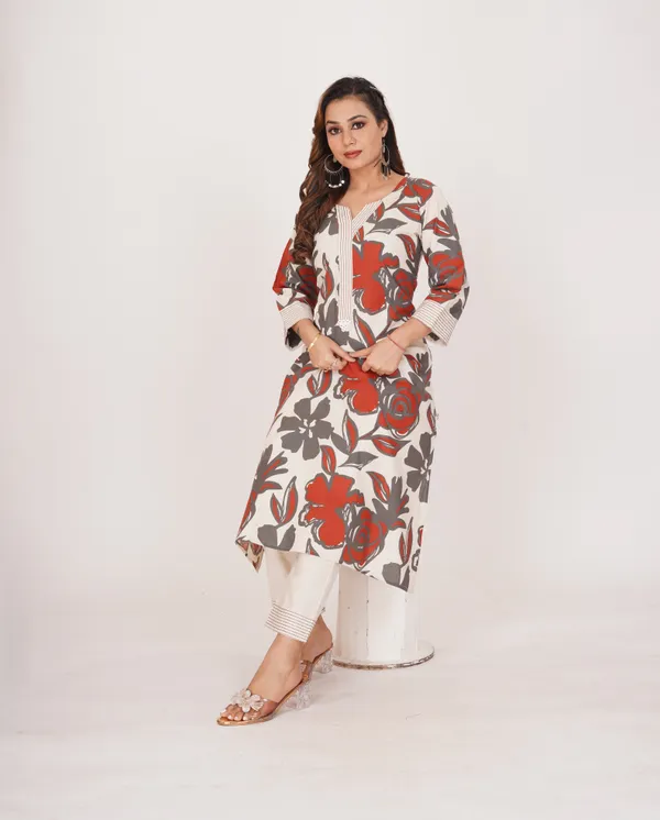 Red_Premium_Khadi_Cotton_Printed_Kurti_&_Pant_For_Women