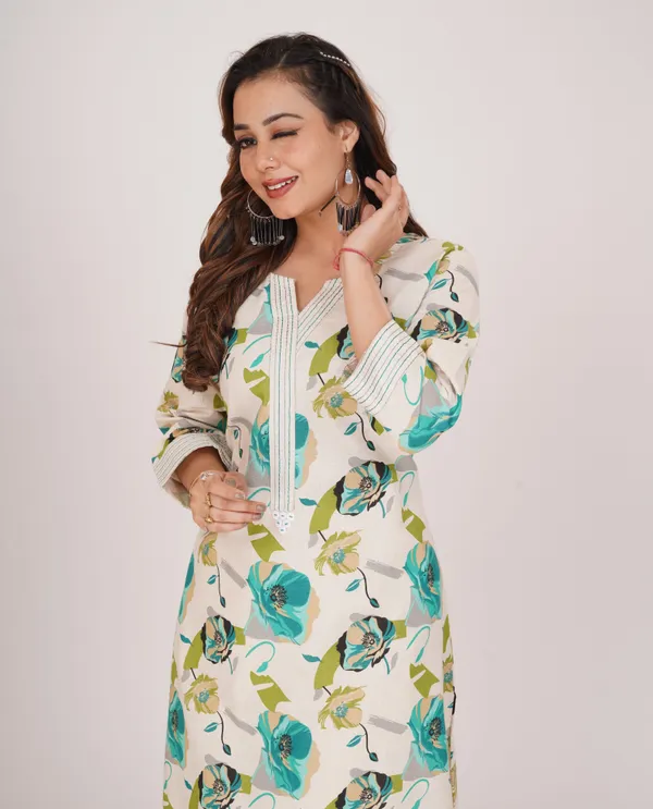 Green_Premium_Khadi_Cotton_Printed_Kurti_&_Pant_For_Women
