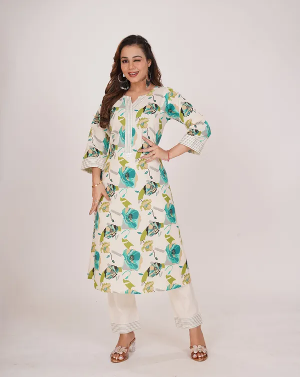 Green_Premium_Khadi_Cotton_Printed_Kurti_&_Pant_For_Women