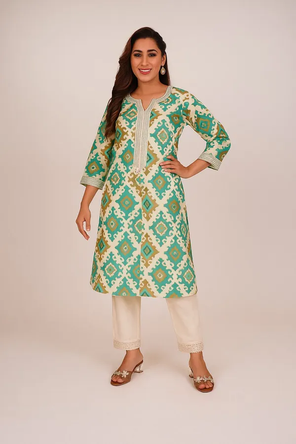 Green_Premium_Khadi_Cotton_Printed_Kurti_&_Pant_For_Women