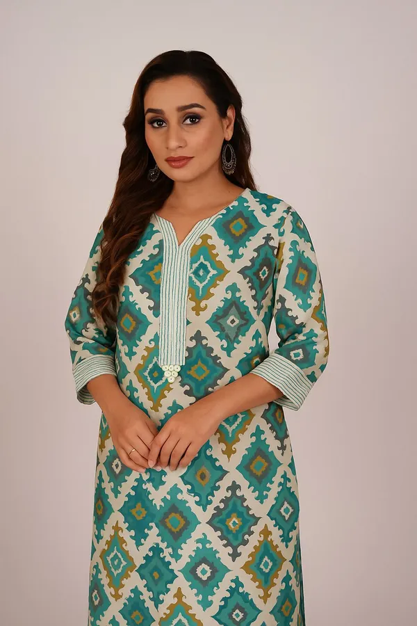 Green_Premium_Khadi_Cotton_Printed_Kurti_&_Pant_For_Women