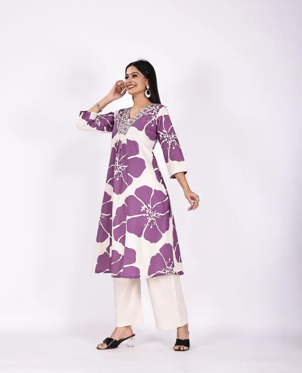 Purple_Premium_Khadi_Cotton_Printed_Kurti_&_Pant_For_Women