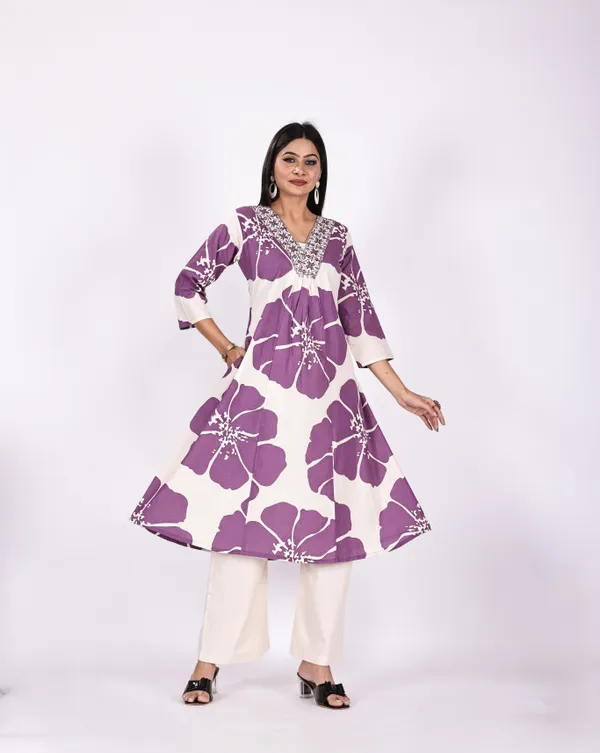 Purple_Premium_Khadi_Cotton_Printed_Kurti_&_Pant_For_Women
