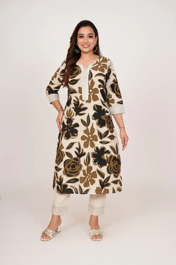 Brown_Premium_Khadi_Cotton_Printed_Kurti_&_Pant_For_Women