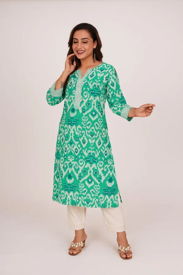 Green_Premium_Khadi_Cotton_Printed_Kurti_&_Pant_For_Women