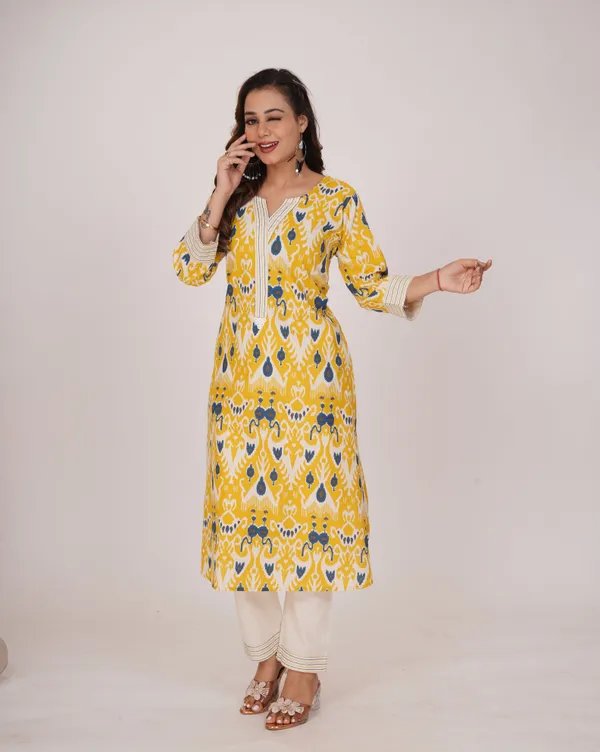 Yellow_Premium_Khadi_Cotton_Printed_Kurti_&_Pant_For_Women