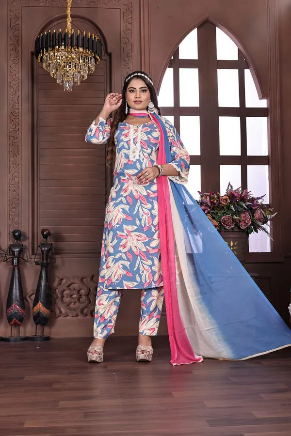 Purple_Premium_Viscose_Rayon_Floral_Print_Kurta,_Trouser_&_Dupatta_Set_For_Women