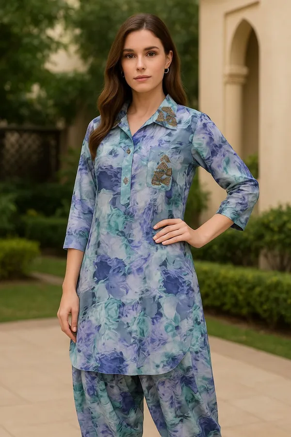 Blue_Premium_Viscose_Rayon_Printed_Kurti_&_Dhoti_Pant_For_Women