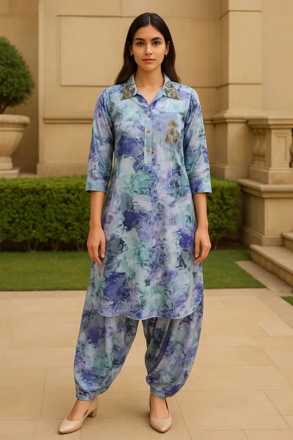 Blue_Premium_Viscose_Rayon_Printed_Kurti_&_Dhoti_Pant_For_Women
