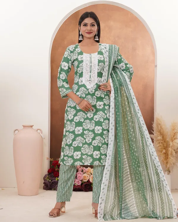 Green_Premium_Rayon_Slub_Printed_Kurta,_Trouser_&_Dupatta_Set_For_Women