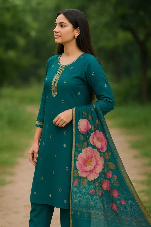 Green_Premium_Roman_Embroidered_Kurta,_Trouser_&_Dupatta_Set_For_Women