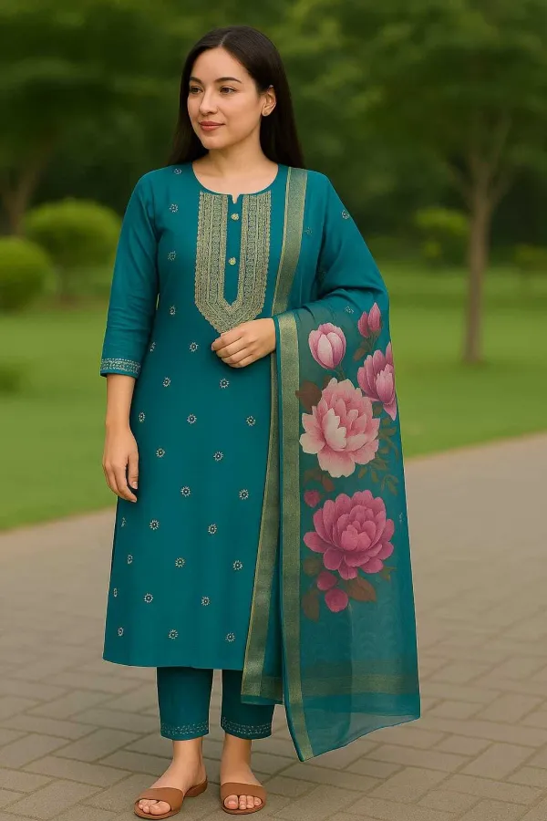 Green_Premium_Roman_Embroidered_Kurta,_Trouser_&_Dupatta_Set_For_Women