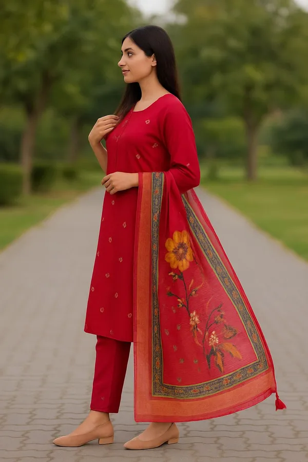 Red_Premium_Roman_Embroidered_Kurta,_Trouser_&_Dupatta_Set_For_Women