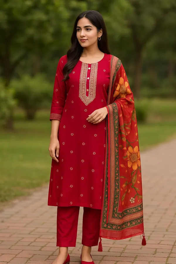 Red_Premium_Roman_Embroidered_Kurta,_Trouser_&_Dupatta_Set_For_Women