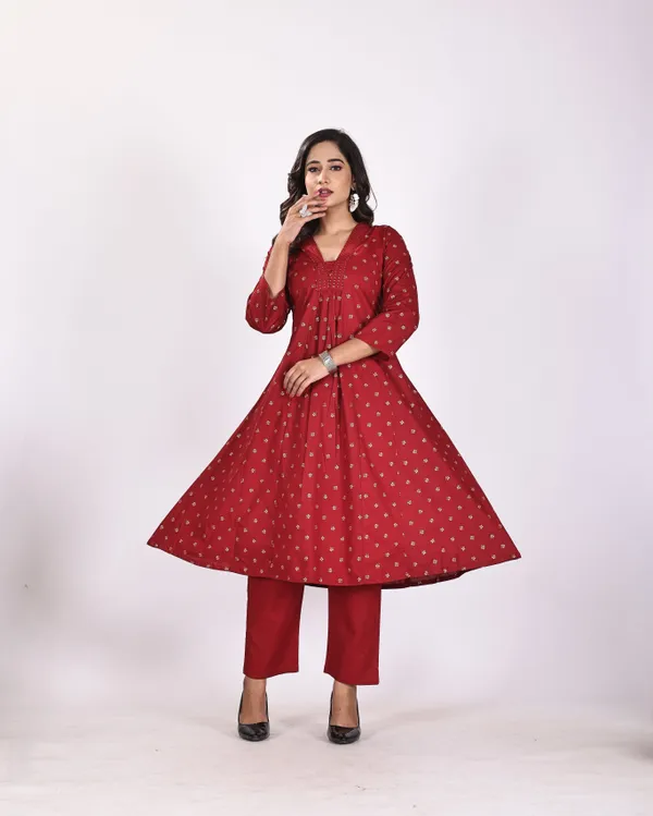 Maroon_Premium_Pure_Cotton_Embroidered_Kurti_&_Pant_For_Women